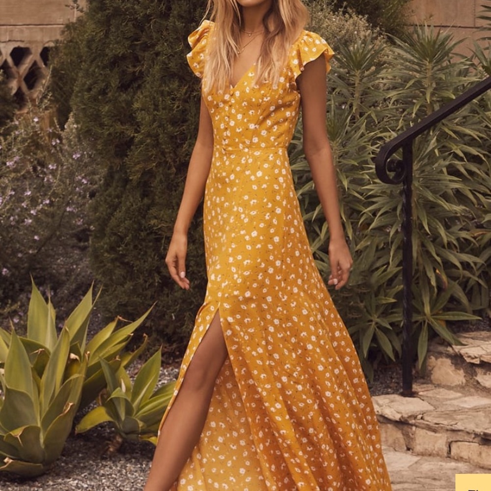 Yellow floral black maxi dress